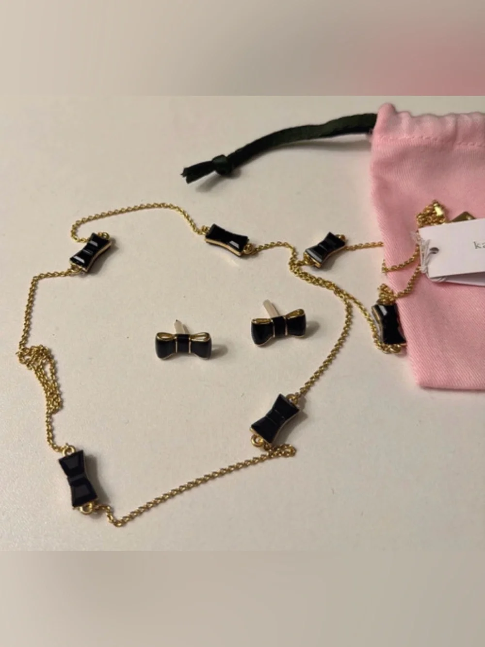 Kate Spade Jackpot Jewels Black Gold Bow Necklace and Earrings Set Dustbag NWT